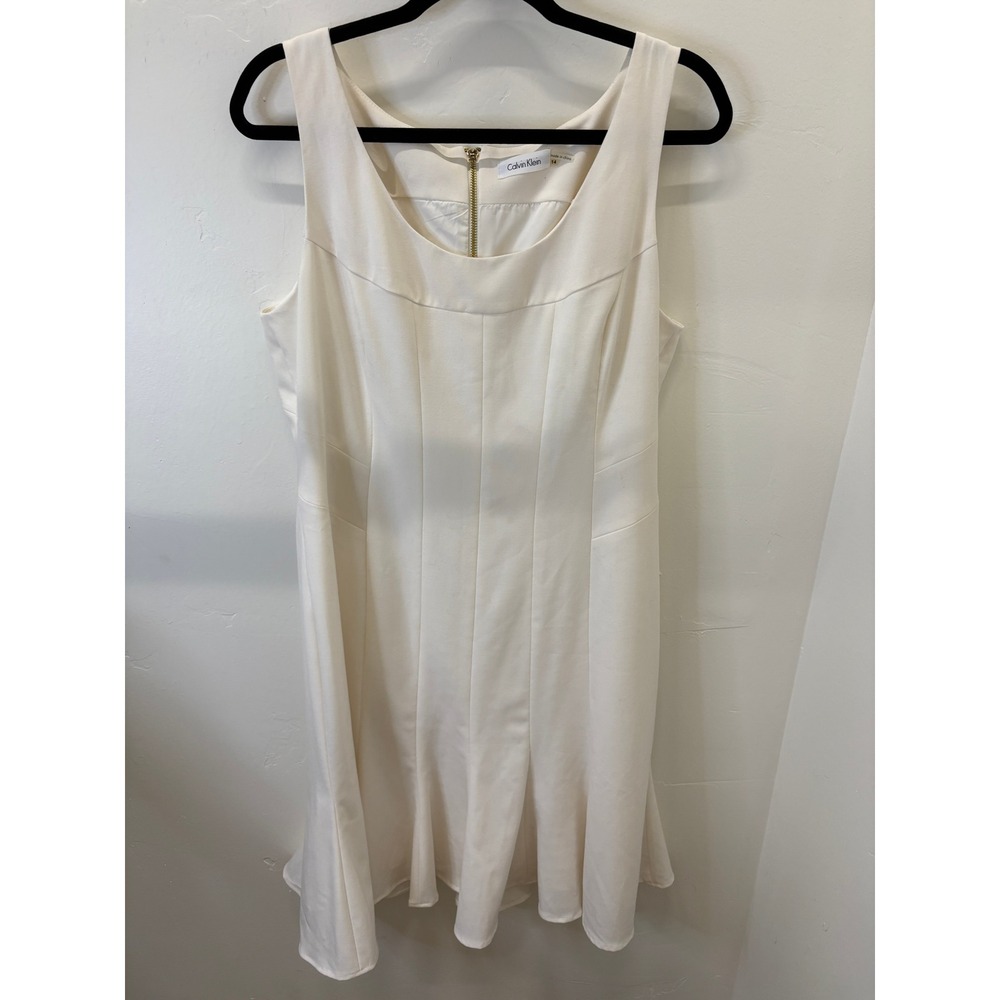 Calvin Klein Cream White Sleeveless Fit and Flare Dress Gold Zipper Size 14